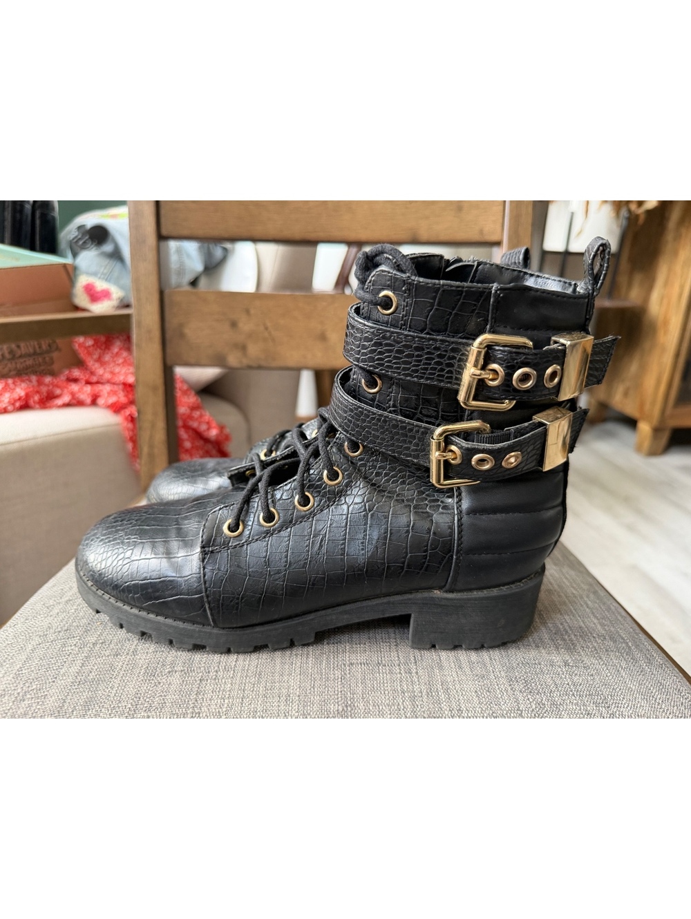 River Island Black Faux Croc Ankle Boots with Gold Buckles fit like size 7